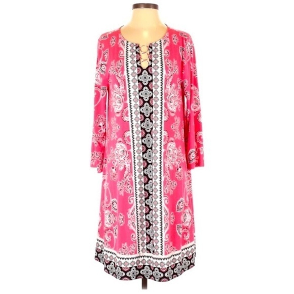 New Directions S boho pink metal keyhole long sleeve A line‎ cut stretchy dress